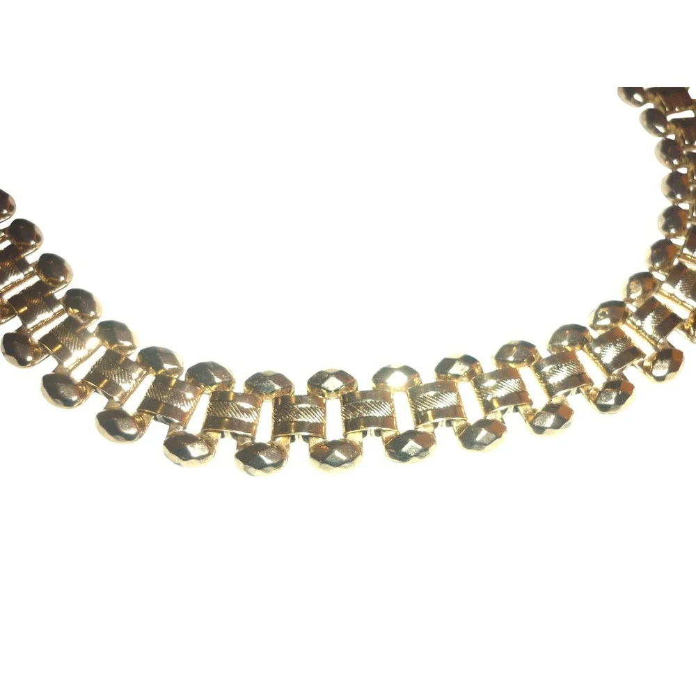 Vintage 1950 Gold Tone Gate Link Choker Necklace Textured Tank Track Mid Century